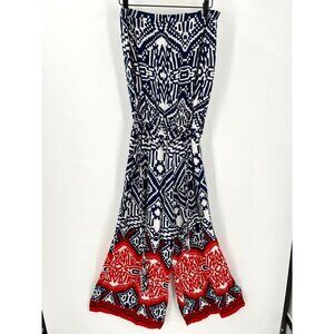 MSK Halter Strapless Jumpsuit Romper Medium Navy Orange Abstract Lightweight